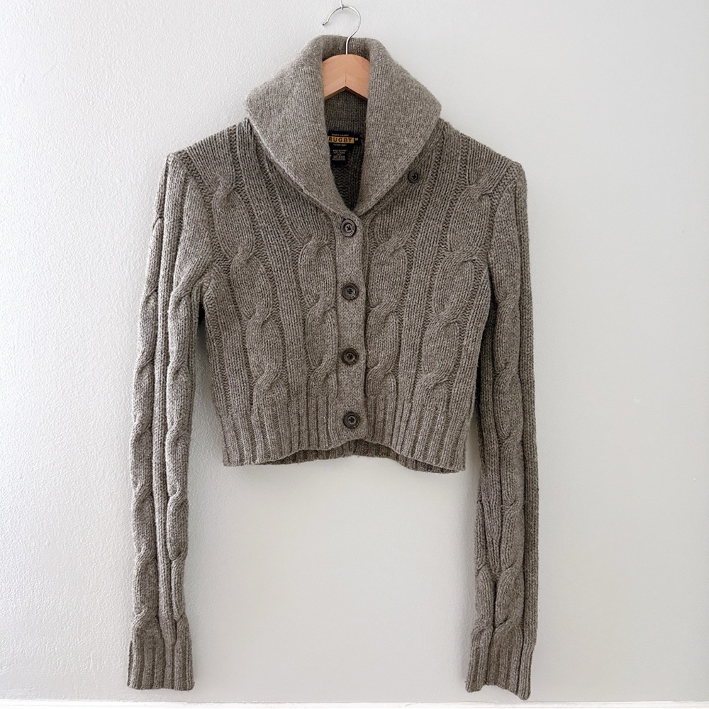 Ralph Lauren Rugby Cropped Cardigan Cashmere Lambswool Blend Preppy Cable Medium - Picture 3 of 13